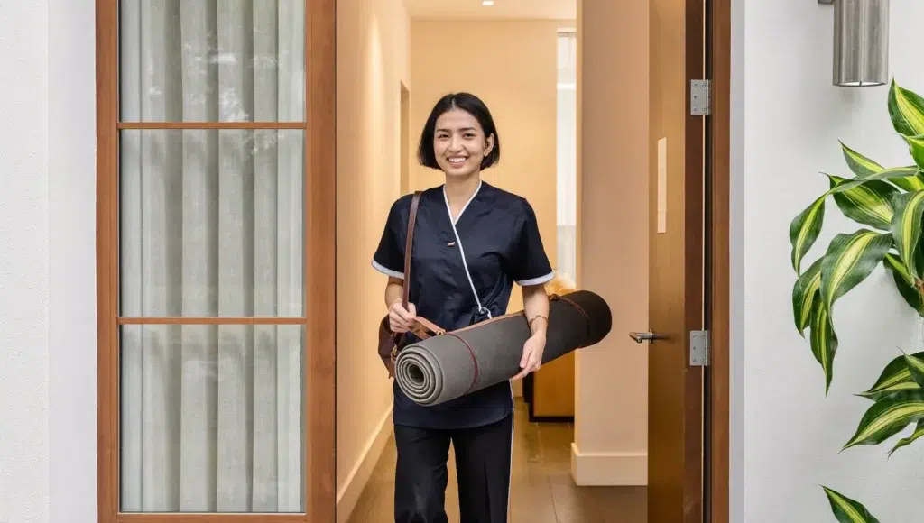Outcall vs Incall Massage in Bangkok: Which Should You Choose? Thai massage therapist arriving at a Bangkok condo with a rolled mat, an outcall massage that comes to you