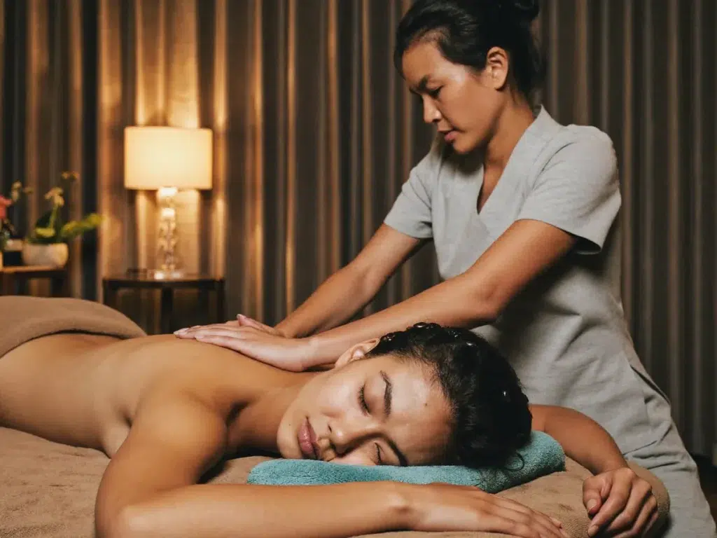 How to Prepare for an Outcall Massage in Bangkok A therapist giving a relaxing massage to a draped client in a softly lit room