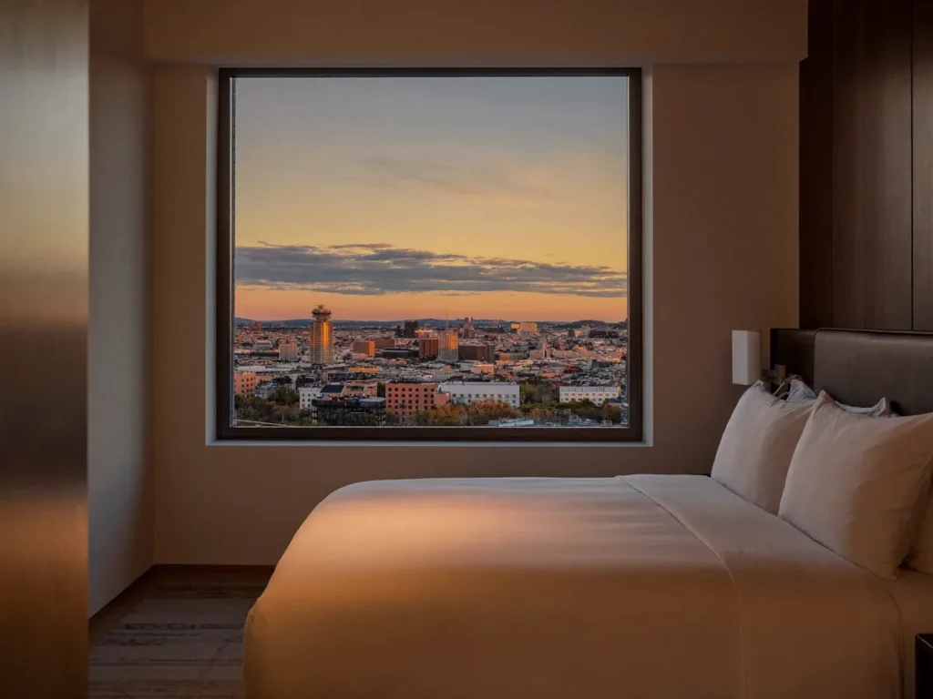 Hotel Massage vs Spa in Bangkok: Which Is Better? A serene Bangkok hotel room at dusk with soft lighting and a city view, ready to rest in after a massage