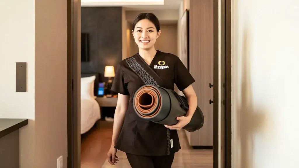 Best Outcall Massage in Bangkok: Your 2026 Guide Professional Thai massage therapist arriving at a Bangkok hotel room with a rolled massage mat for an outcall session