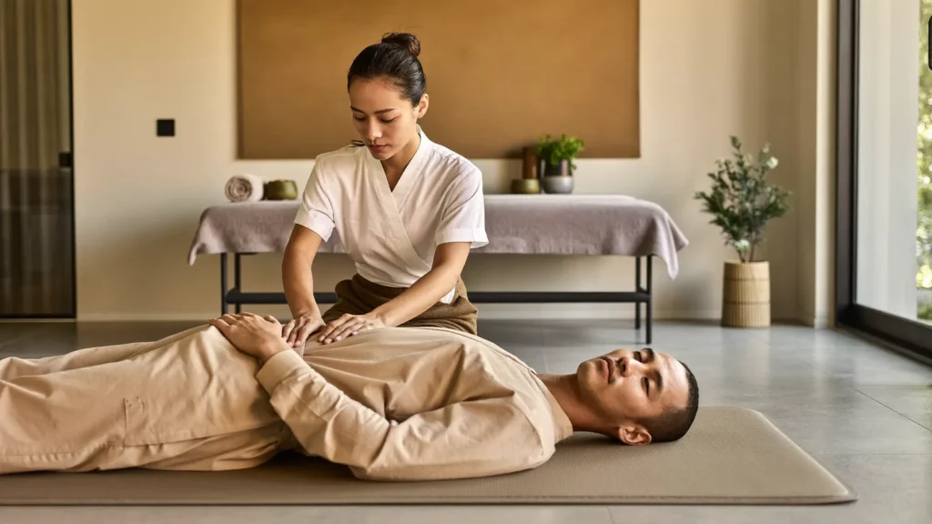 What Is Nuad Thai? Thailand's UNESCO Massage Heritage Thai therapist performing a traditional Nuad Thai stretch on a fully clothed client lying on a floor mat