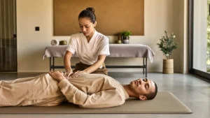Thai therapist performing a traditional Nuad Thai stretch on a fully clothed client lying on a floor mat
