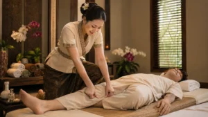 Thai therapist using precise thumb pressure on a fully clothed client, illustrating the court style of traditional Thai massage