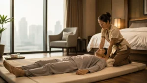 Therapist working slowly on a fully clothed client's shoulders during a 90 minute Thai massage in a Bangkok hotel room
