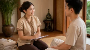 Massage therapist and fully clothed client having a short health check conversation before a session begins