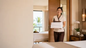 Professional massage therapist arriving at a Phuket hotel room with fresh linen for a legitimate outcall massage