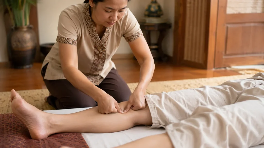 Sen Lines: The Body Map Behind Thai Massage Thai therapist pressing with the thumbs along the sen energy line on a fully clothed client's leg