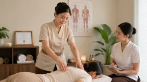 A trained Thai massage therapist in a professional uniform, representing the certification and training behind traditional Nuad Thai practice in Bangkok