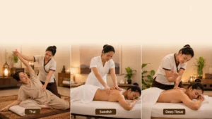 Three massage styles compared, traditional Thai stretching, Swedish oil strokes, and deep tissue pressure